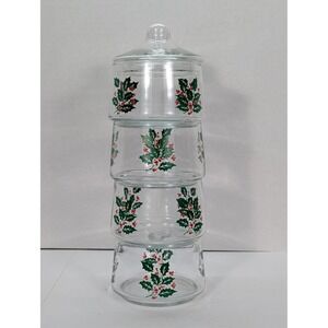 Vintage Indiana Glass Holly Berry Stacked Glass Tiered Canister Set 4 Apothecary